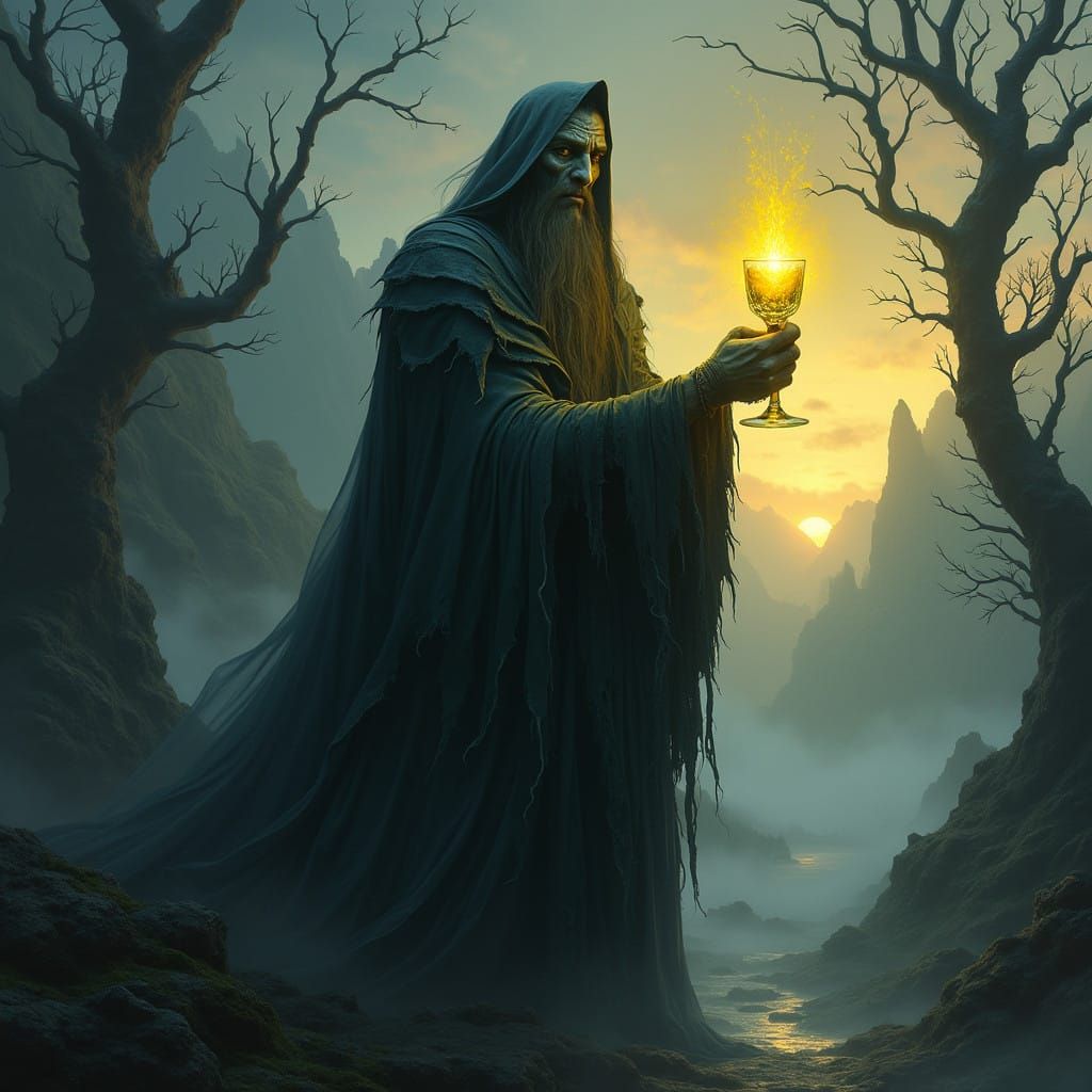 Witch King of Angmar Holds Glowing Goblet in Mystical Landsc...