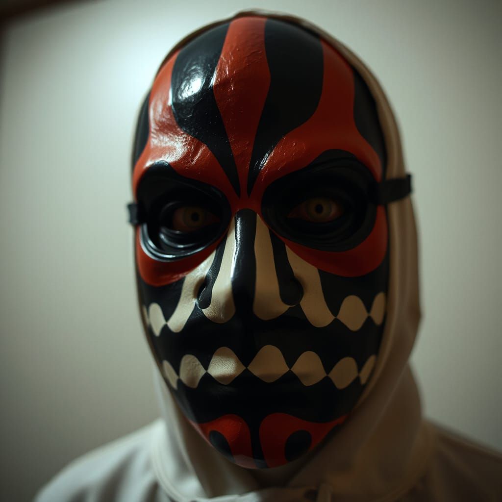 Eerie Striped Mask in Okuda San Miguel Style