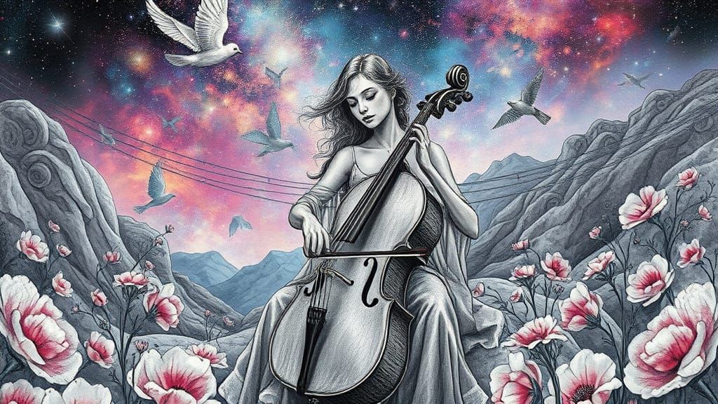 Dreamlike Woman Plays Cello Under Starry Skies in Vibrant, E...