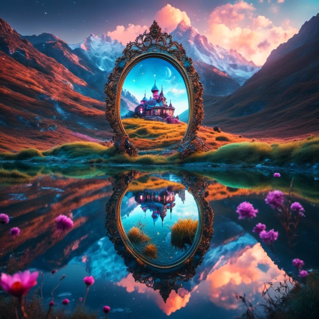 Surreal Mirror Reflects Two Worlds as Oil Painting
