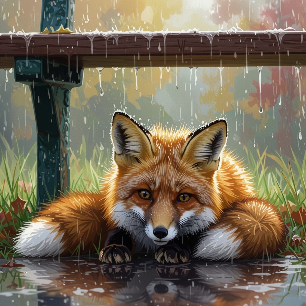 Fox Sheltering From Rain in Hyperrealistic Style