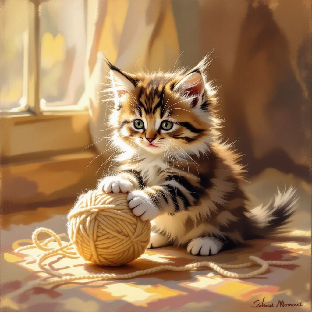 Fluffy Kitten Plays with Wool in Golden Hour Light