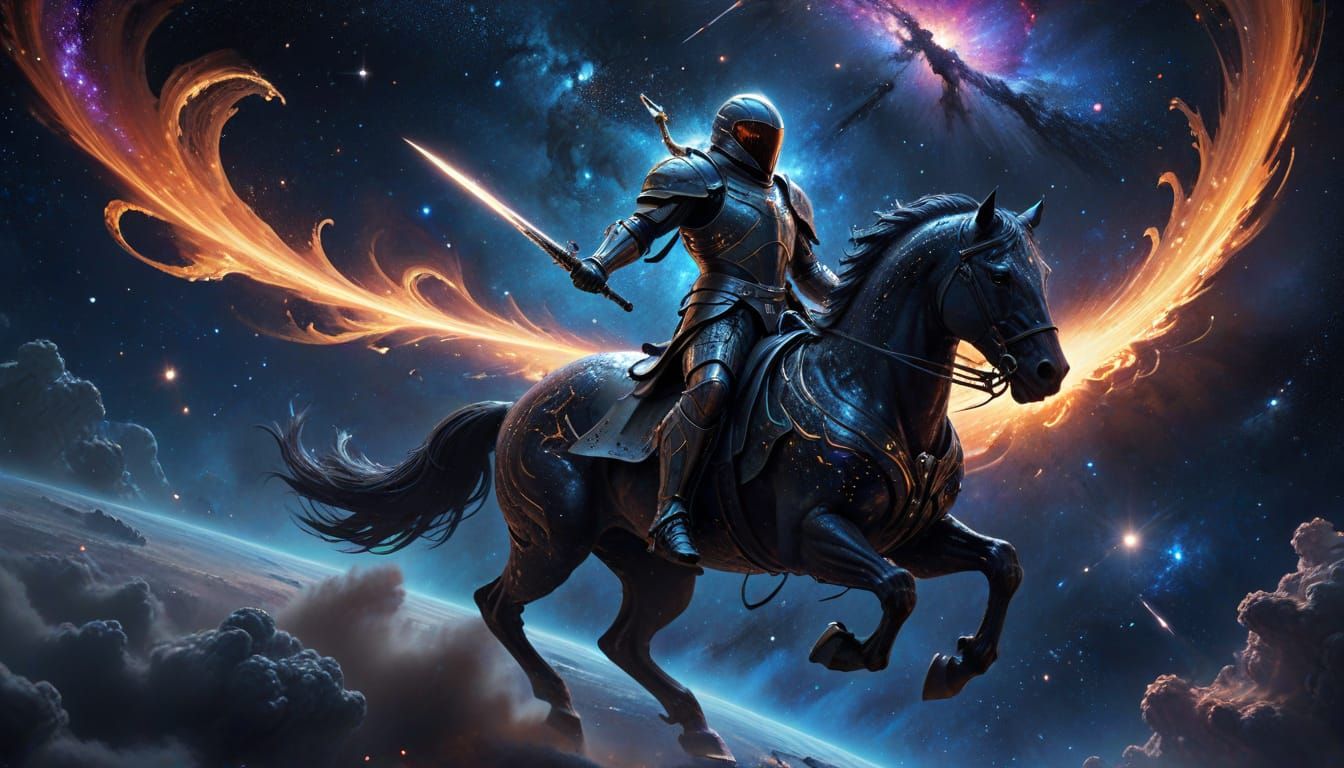 Celestial Knight Rides Cosmic Steed Beyond Event Horizon