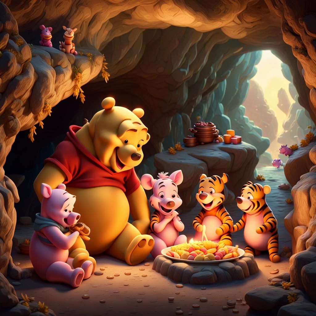 Winnie the Pooh Feast in Candlelit Cave: 3D Render