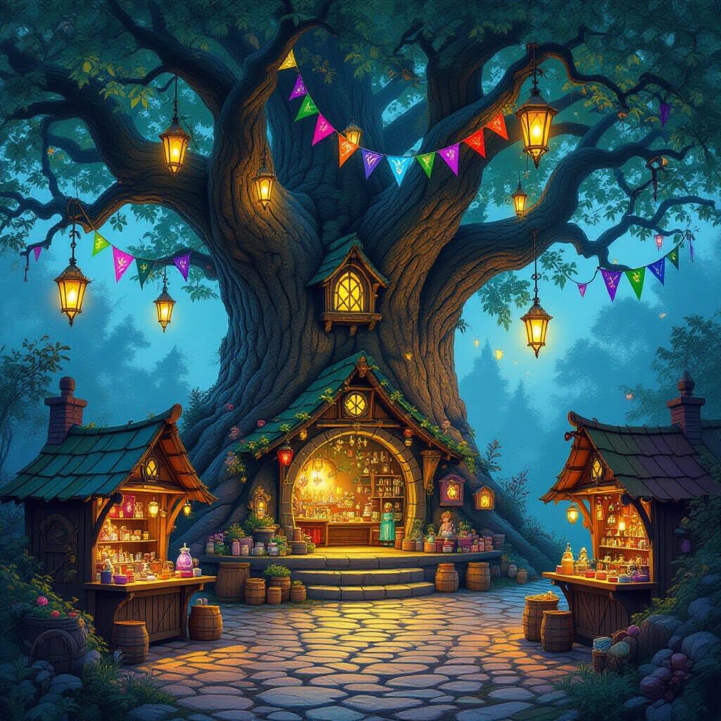 Enchanted Fairy Market in Ancient Oak Tree