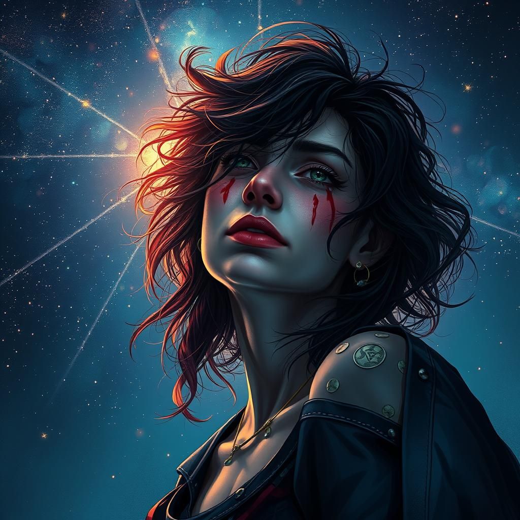 Heartbroken Woman Under Starry Sky: Digital Art