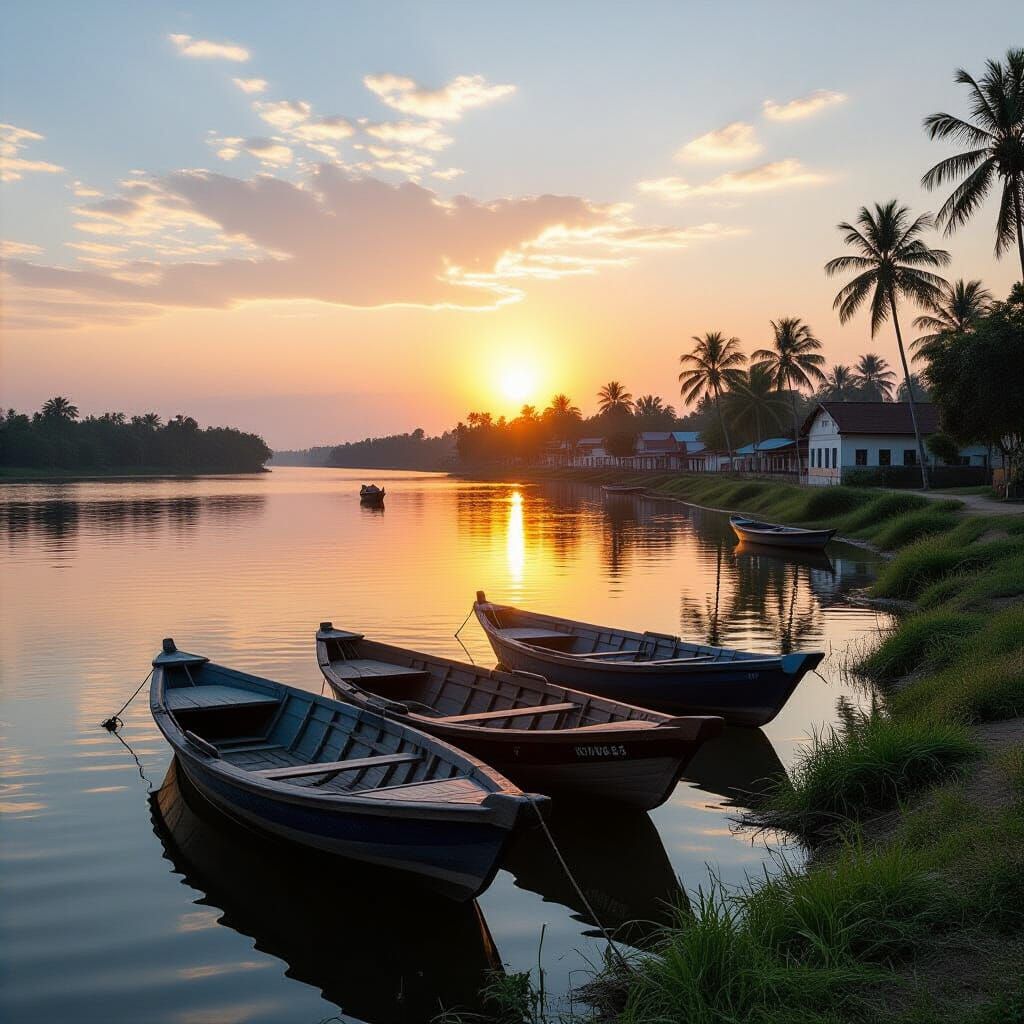 Bengali Village Riverside Sunset with Floating Boat