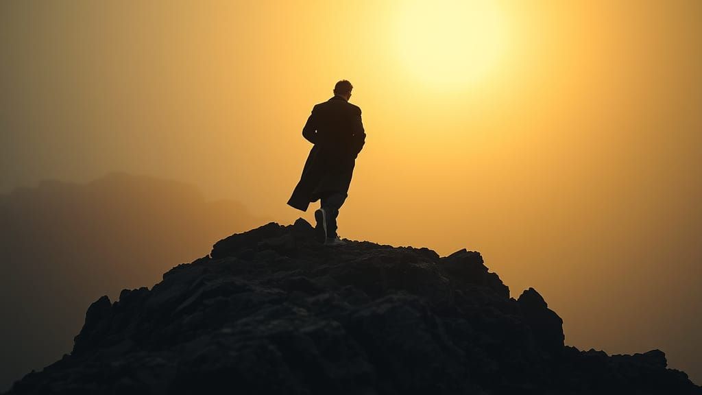 Figure Climbing Misty Hill in Dramatic Lighting