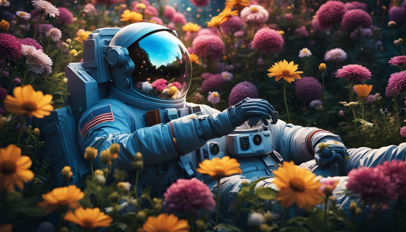 Astronaut in Flower Garden Reflecting the Universe