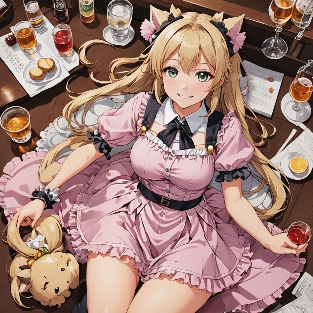 Anime Girl with Animal Ears in Bar