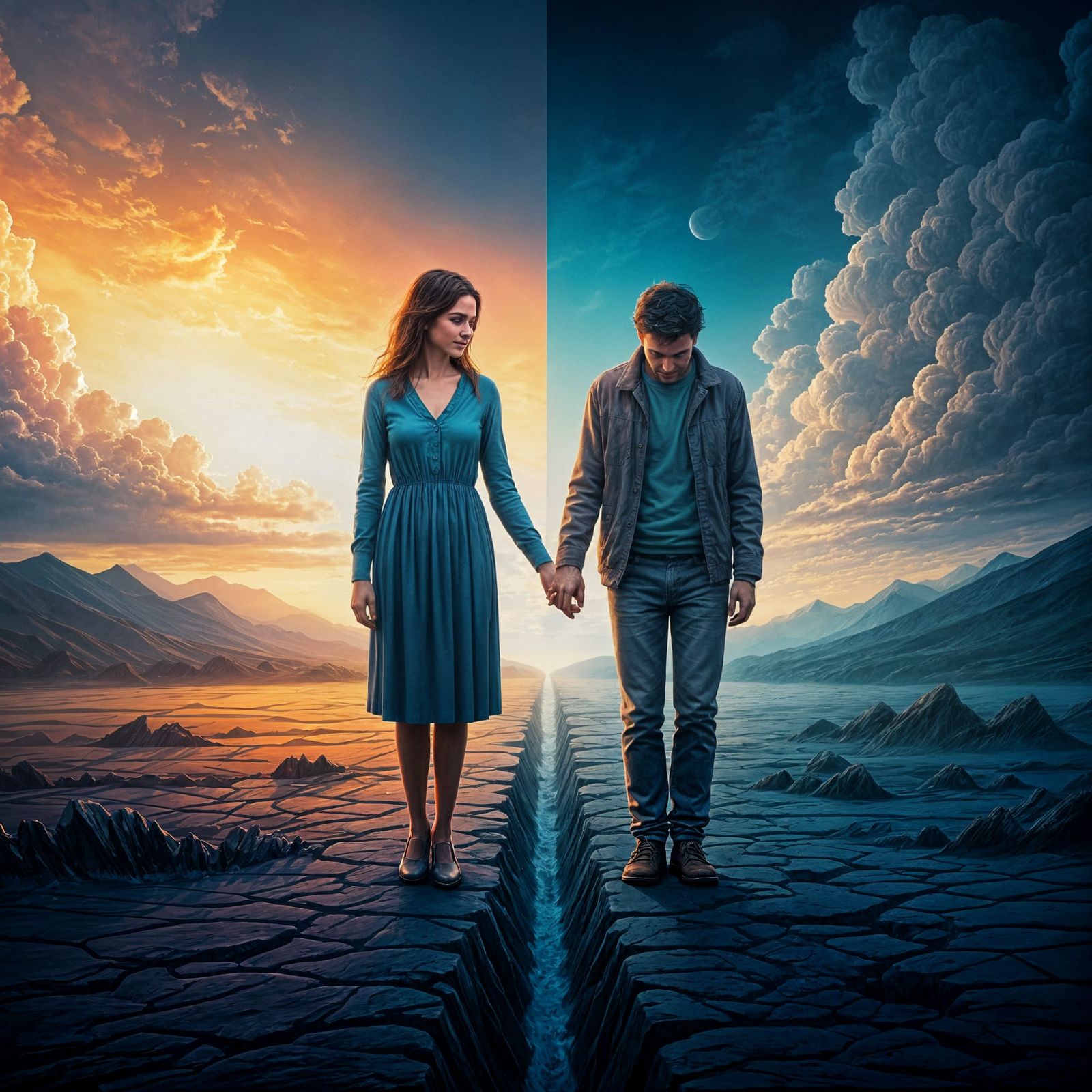 Kind Woman Leads Man in Surreal Expressionist Landscape