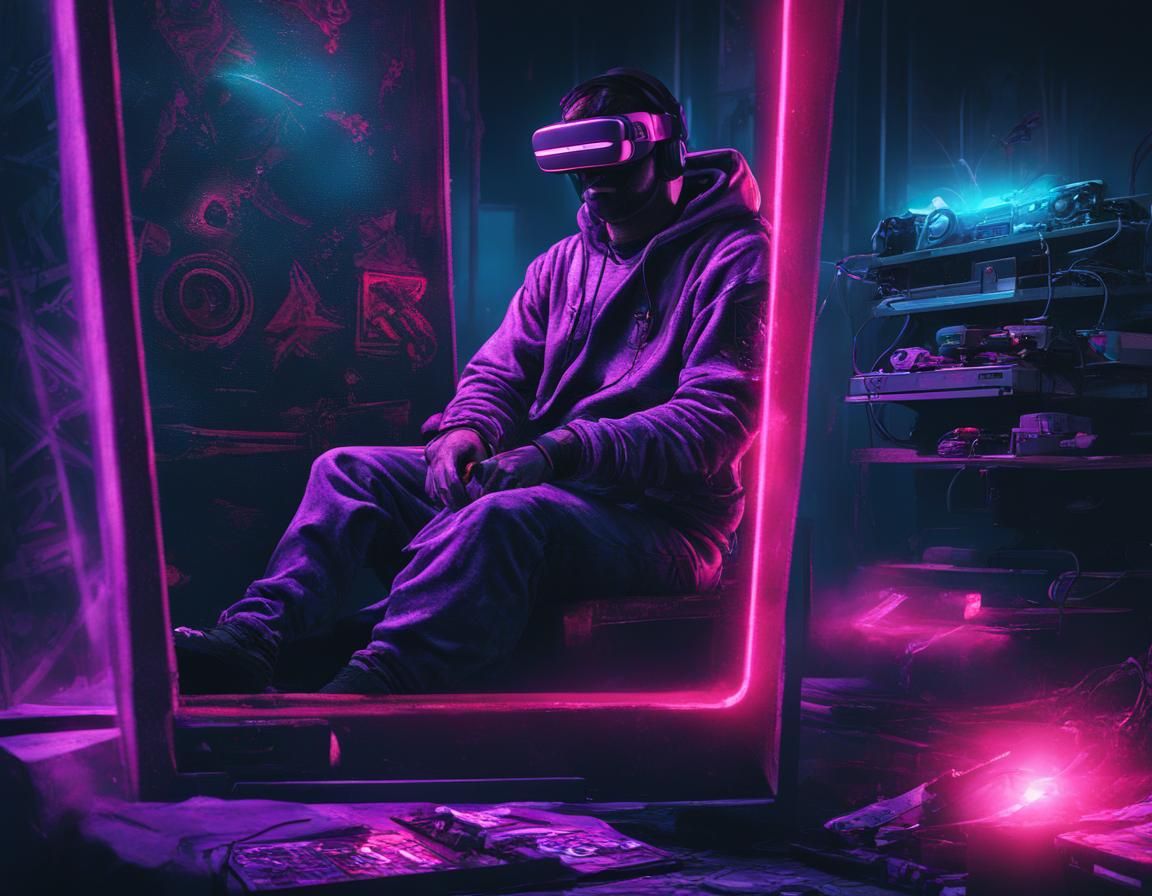 VR Gamer Immersed in Dark Fantasy Art