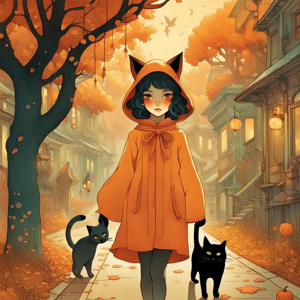 Girl in Cat Costume Trick-or-Treating: Storybook Illustratio...