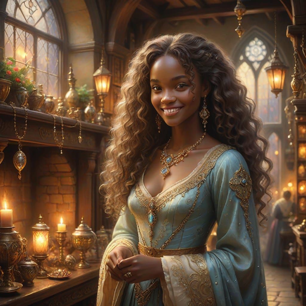Fantasy Maiden Walks Through Cozy Tudor Jewelry Shop in Warm...