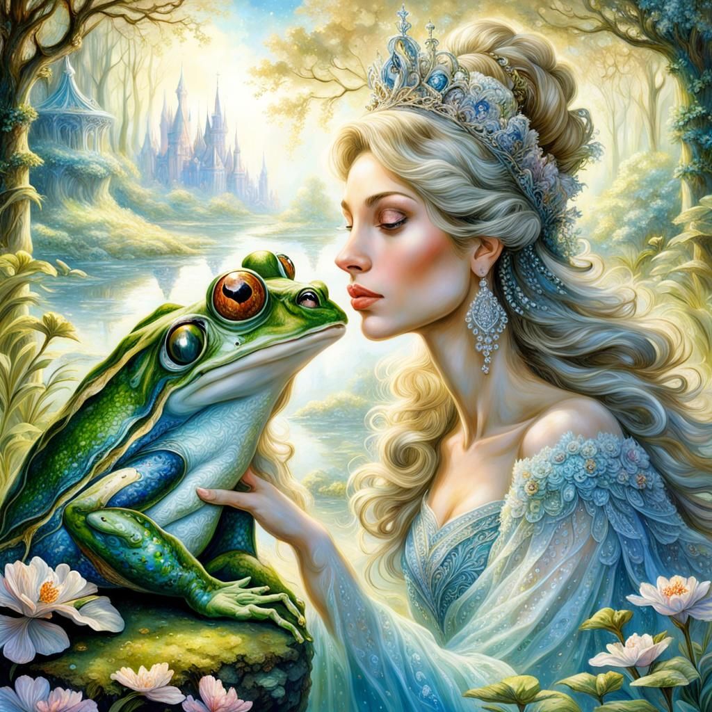Tiana and Frog Prince Kiss in Spring Wonderland