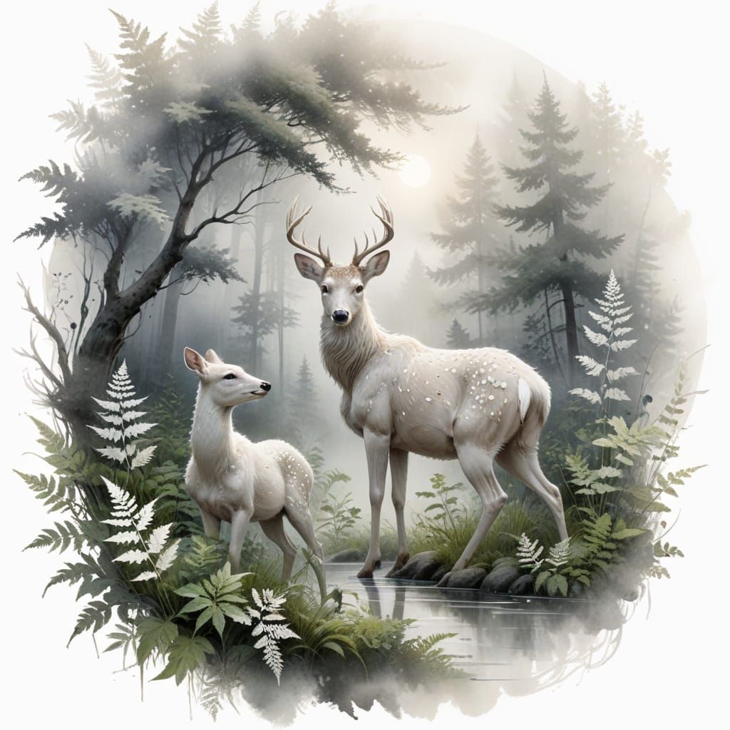 Ethereal White Deer Emerges in Japanese Sumi-e Style