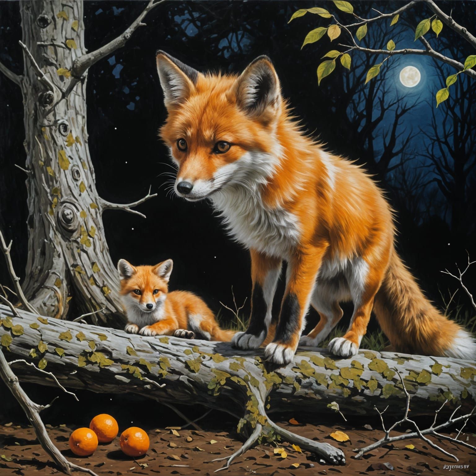 Fox Cub Watches Dog, Oil Painting
