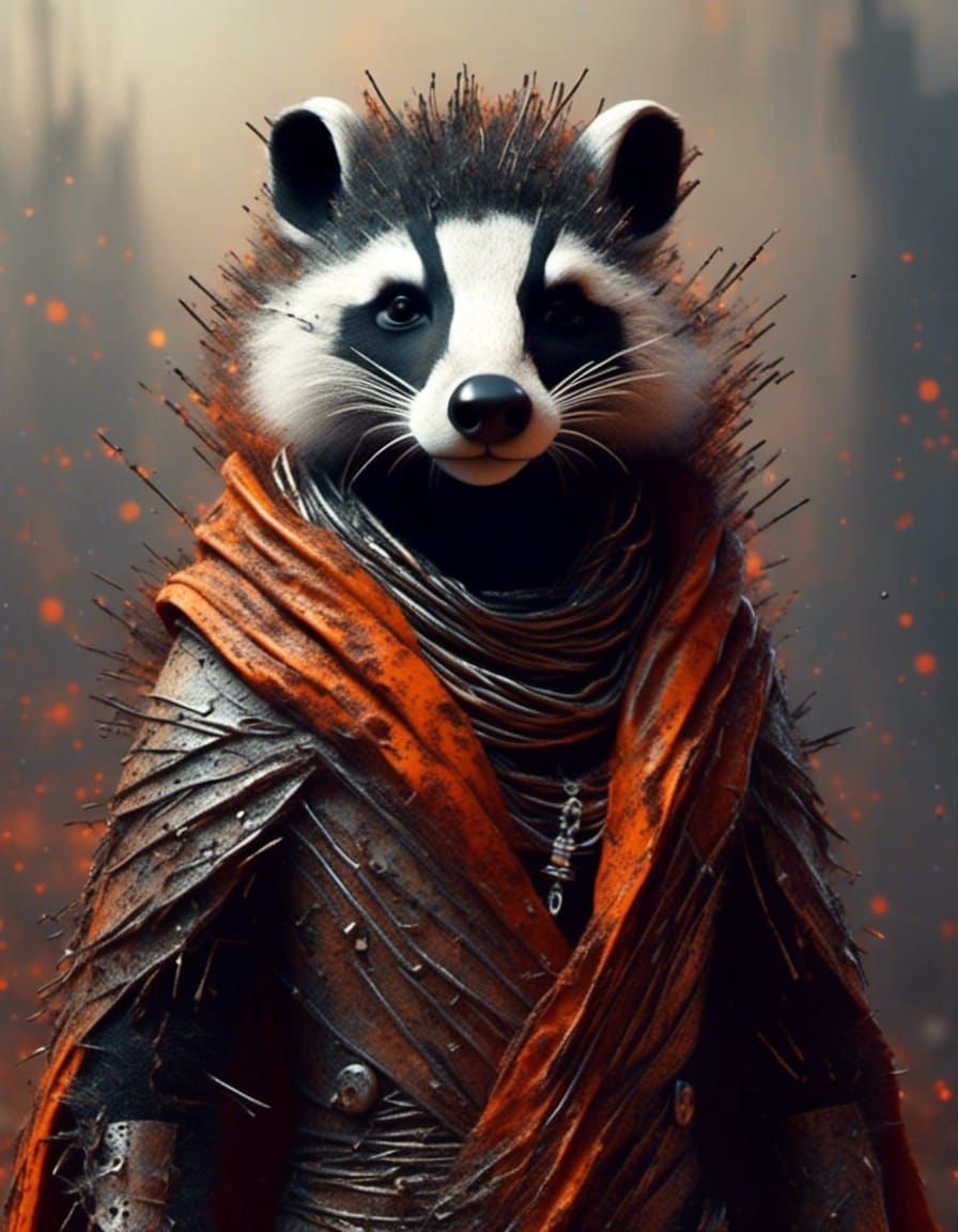 <lora:Fracture:1.0> <lora:StyleGP2:1.0> badger wearing leather wrappings warm colors hyperdetailed photorealistic