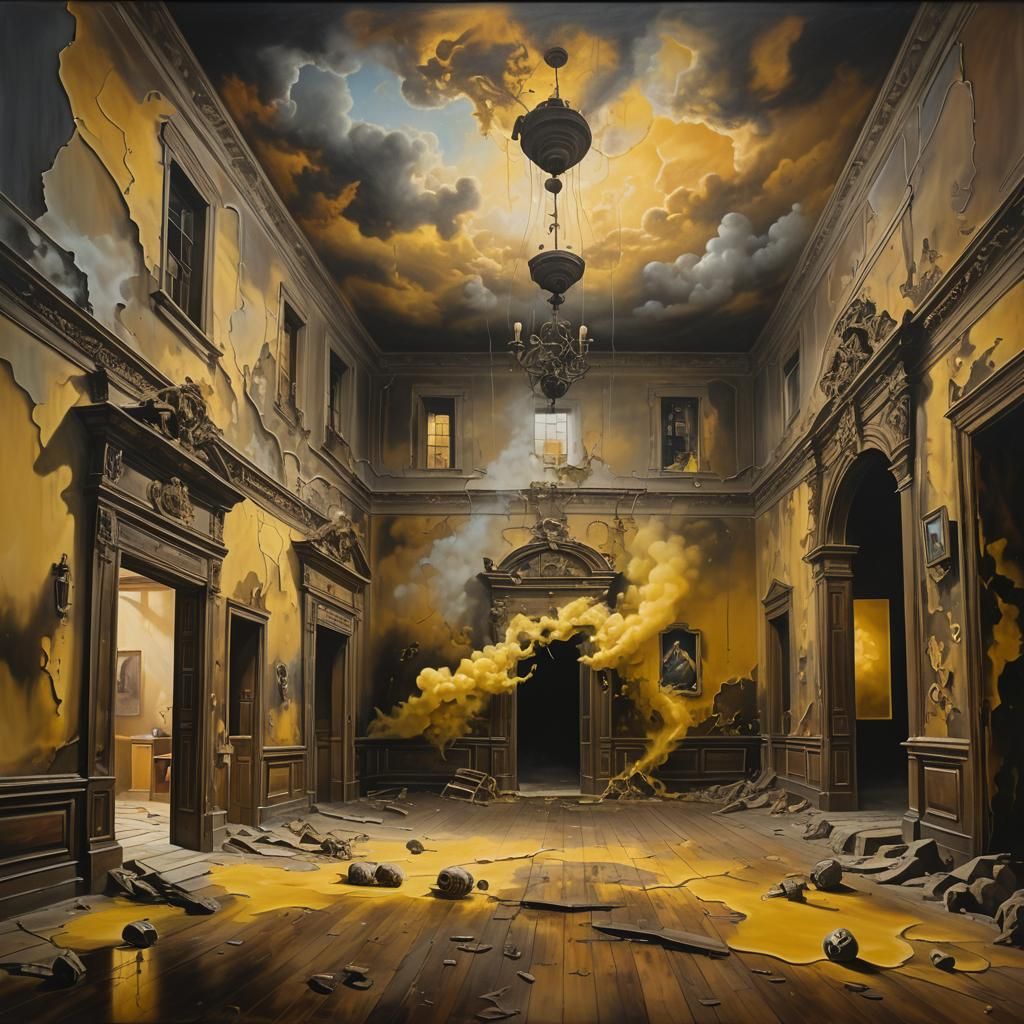 Surreal Decaying Interior with Toxic Gas, Dali-Inspired