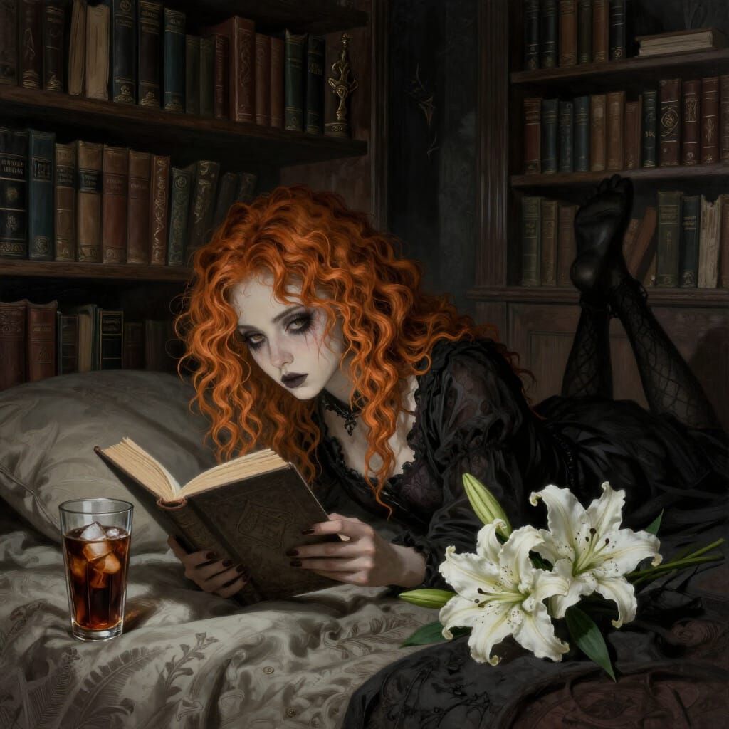 Gothic Grunge Girl Reads by Dramatic Light