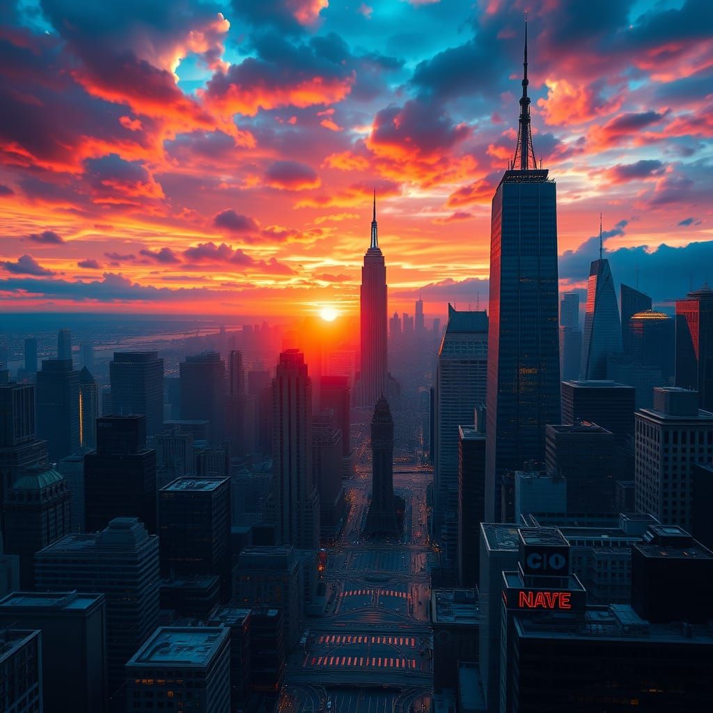 Epic New York City Skyline at Sunset in Vibrant, Cinematic S...