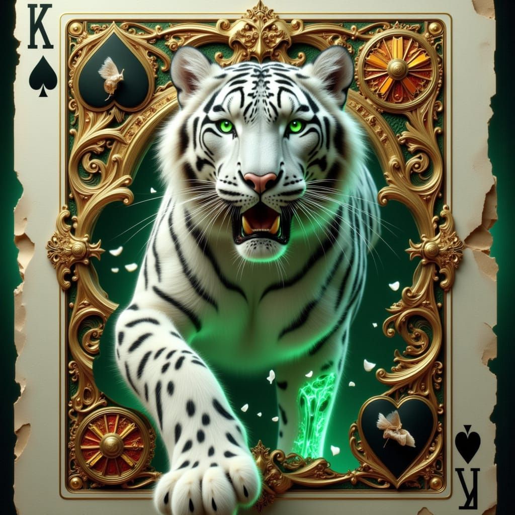 Majestic White Tiger Emerges from Vintage Playing Card in Cy...