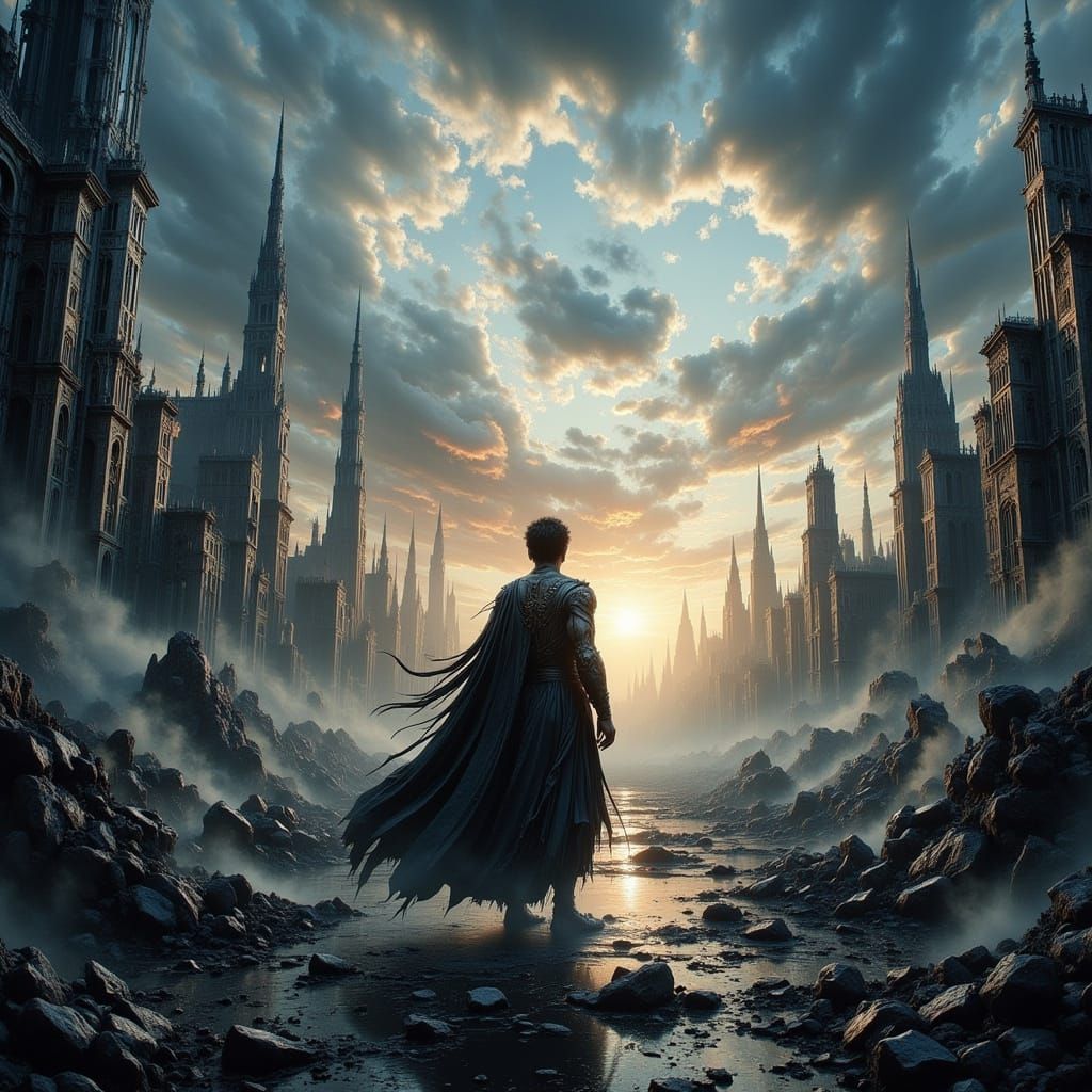 Man in Ruins of Futuristic City