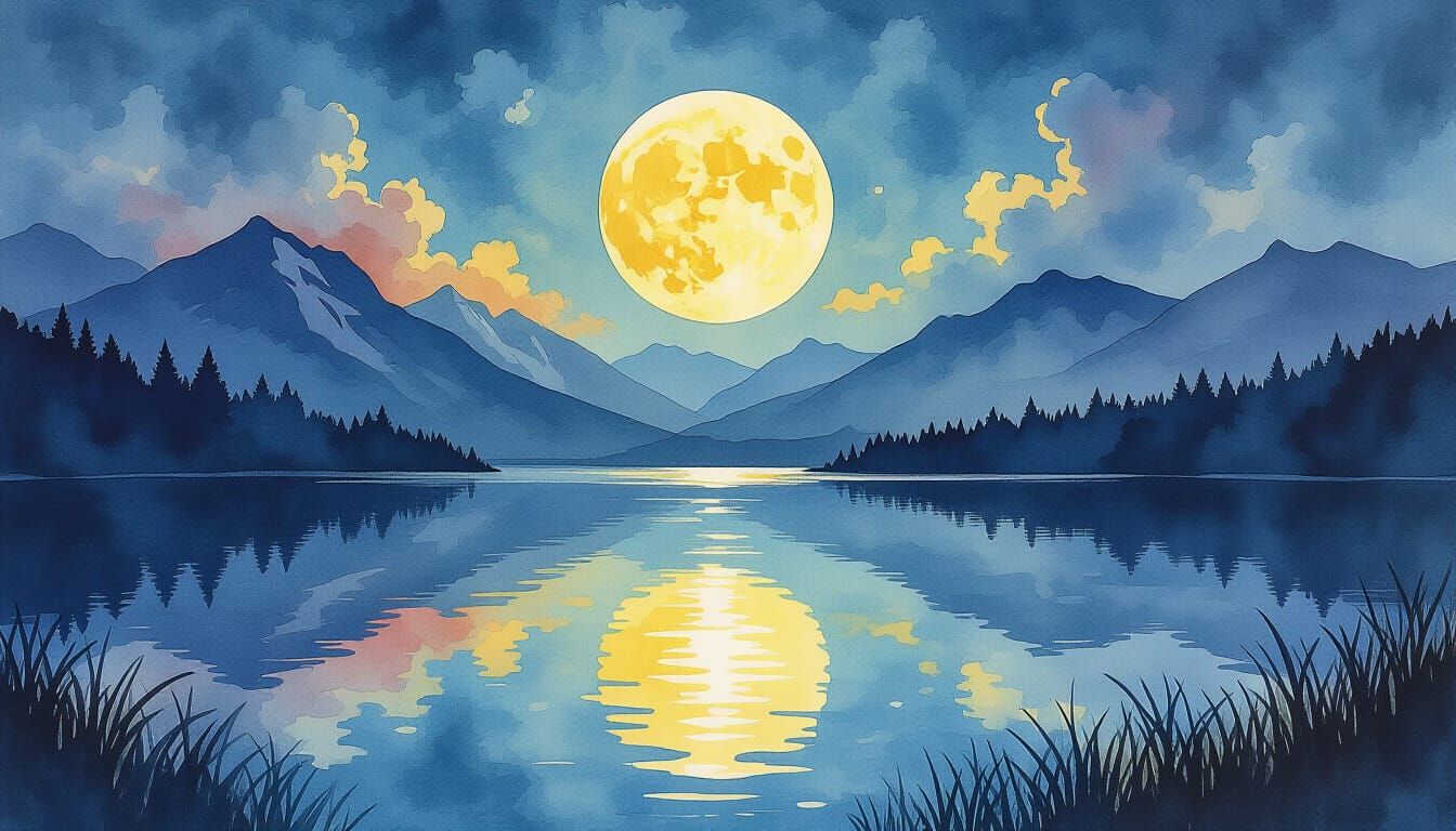 Chiaroscuro Watercolor of Moonlit Lake and Mountains