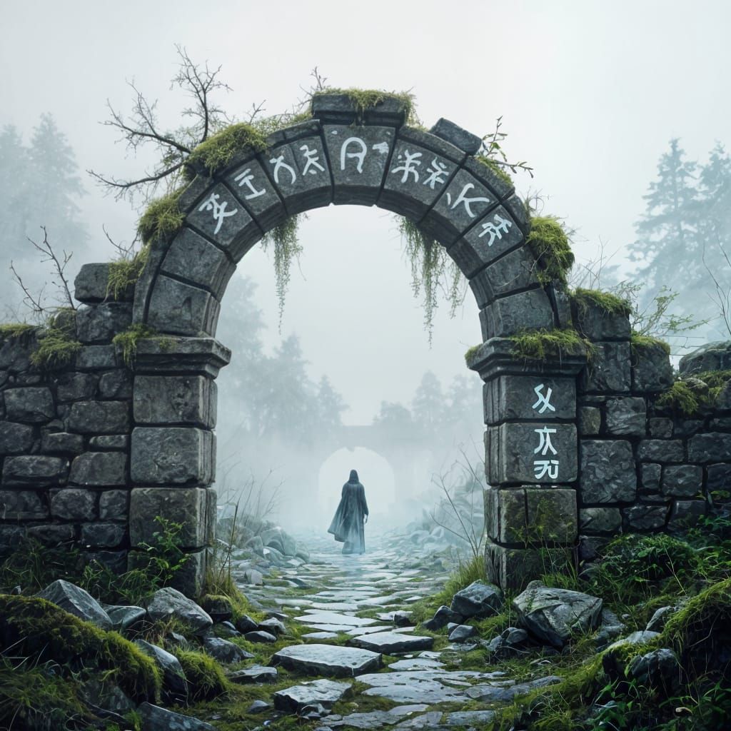 Misty Stone Archway with Glowing Runes in Watercolor Style