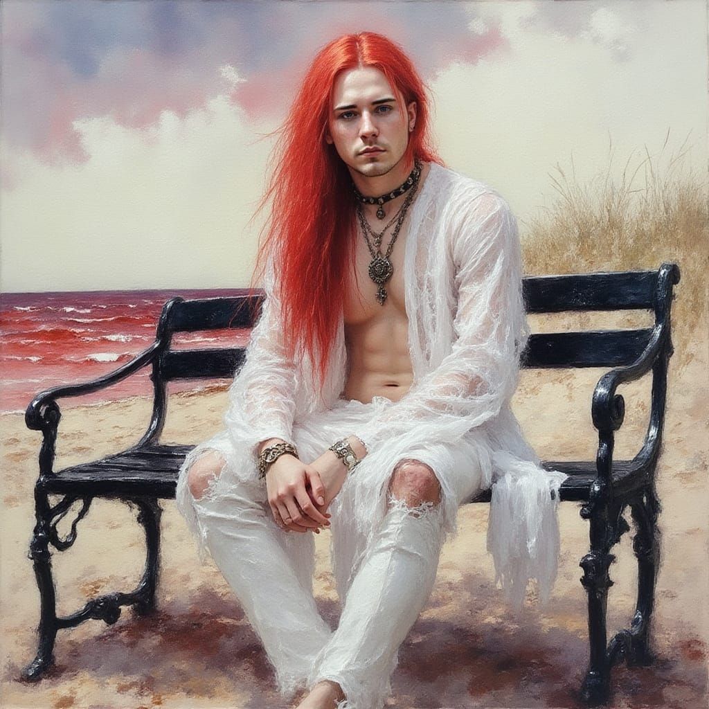 Renaissance Man with Red Hair on Red Seashore
