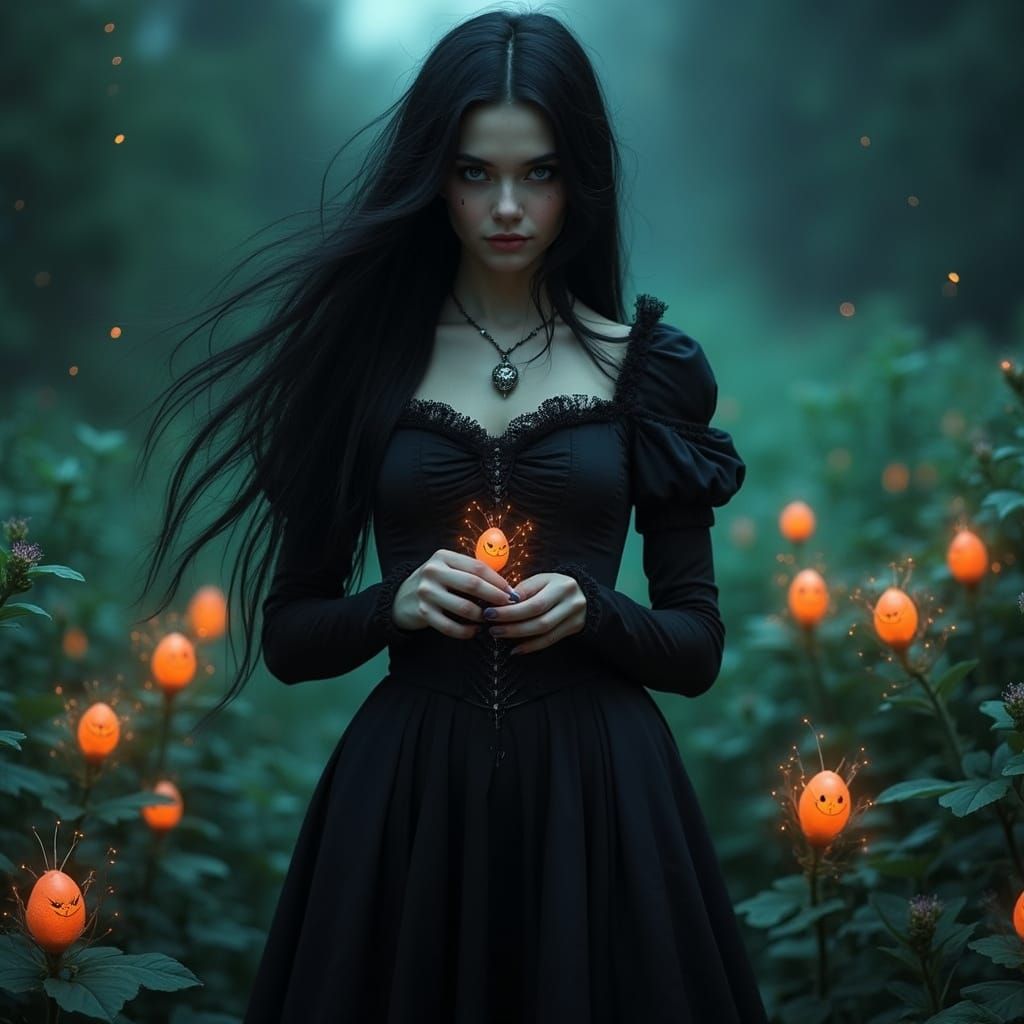 Gothic Woman in Bioluminescent Garden at Dusk