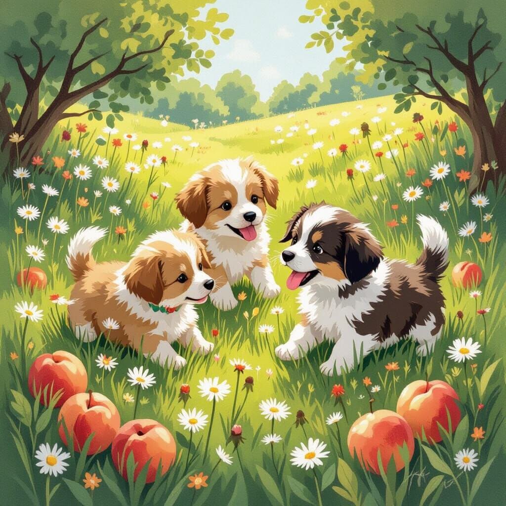 Puppies Playing in Dandelions: Children's Book Illustration