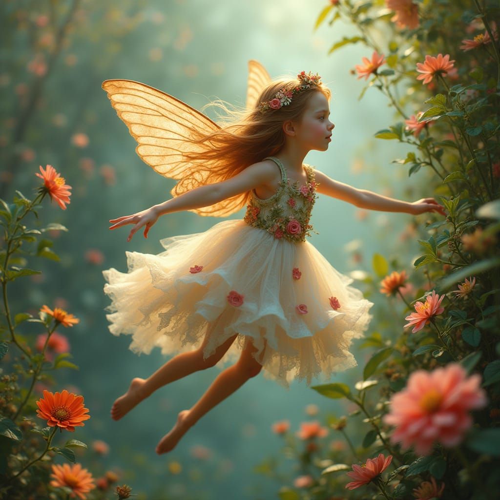 Ethereal Fairy in Lush Garden, Dreamy Art Style