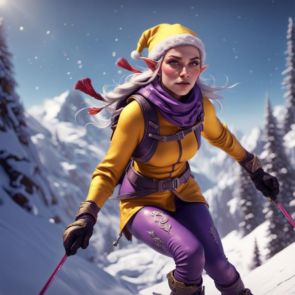 Cute Elf Downhill Skiing: Dark Fantasy Concept Art