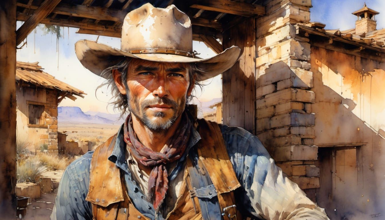 Watercolor Portrait of a Cowboy in a Rustic Western Town