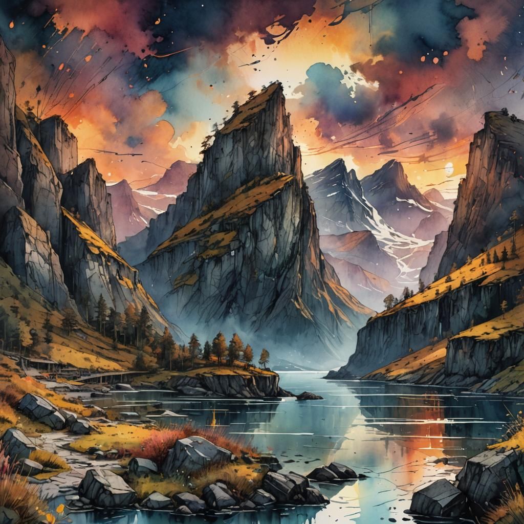 Watercolor Fjord Sunset: Fantasy Concept Art