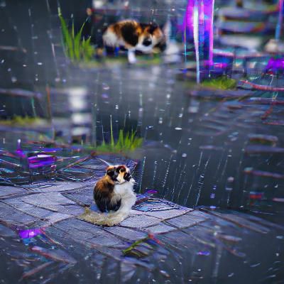 Calico Cat Sitting in Rain: 8K Resolution