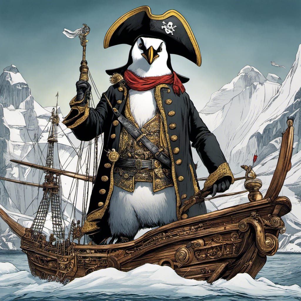 Penguin Pirate on Ship in Graphic Novel Style