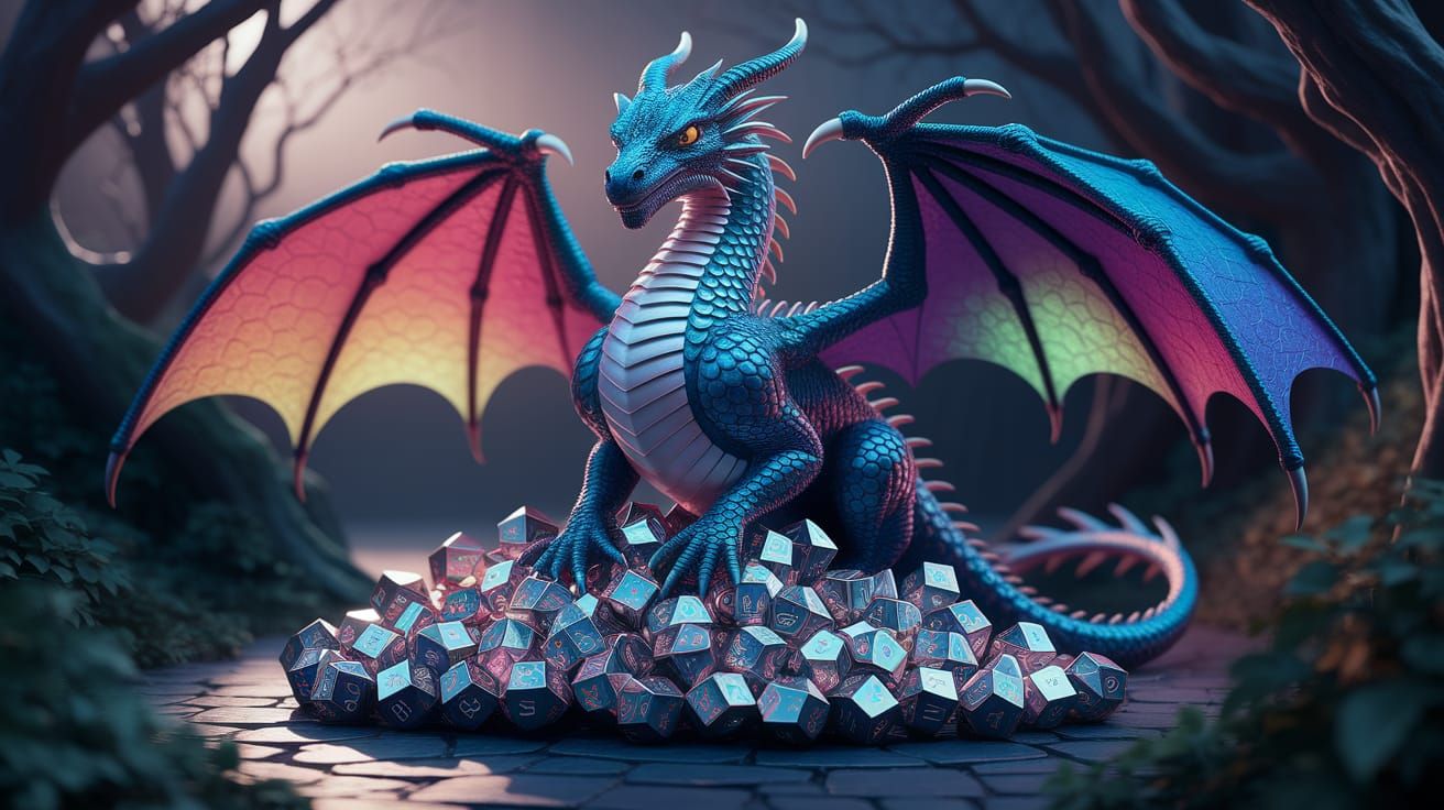 Majestic Dragon Hoard of Dice in Enchanted Forest