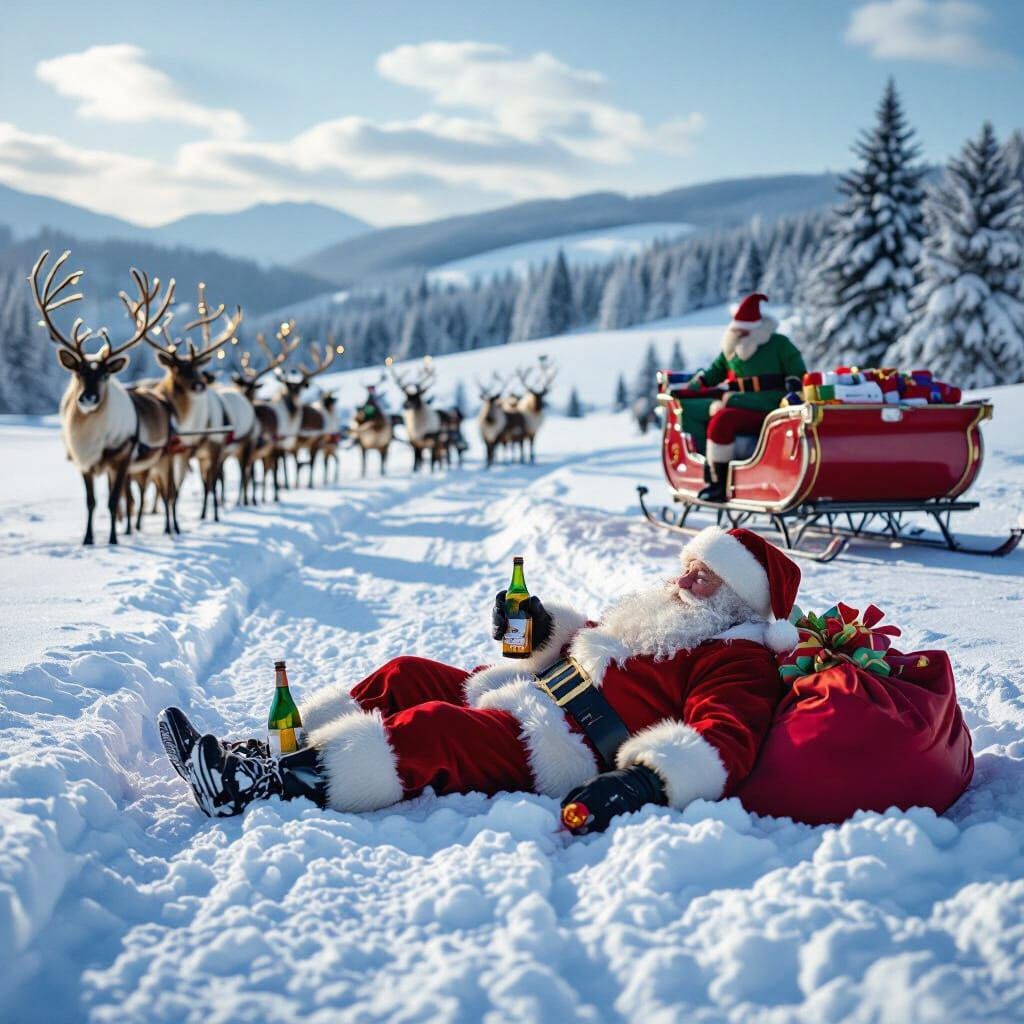 Drunk Santa Sleeps in Snowy Winter Landscape