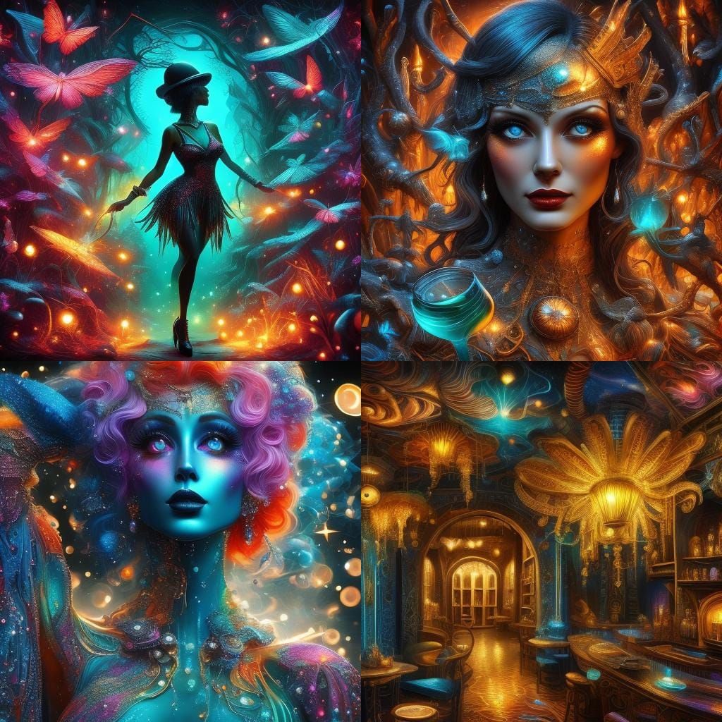 Neon Skeletal Flapper in Speakeasy, Alcohol Ink Style