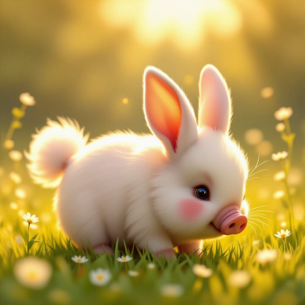 Whimsical Pig-Bunny Creature in Sun-Dappled Meadow