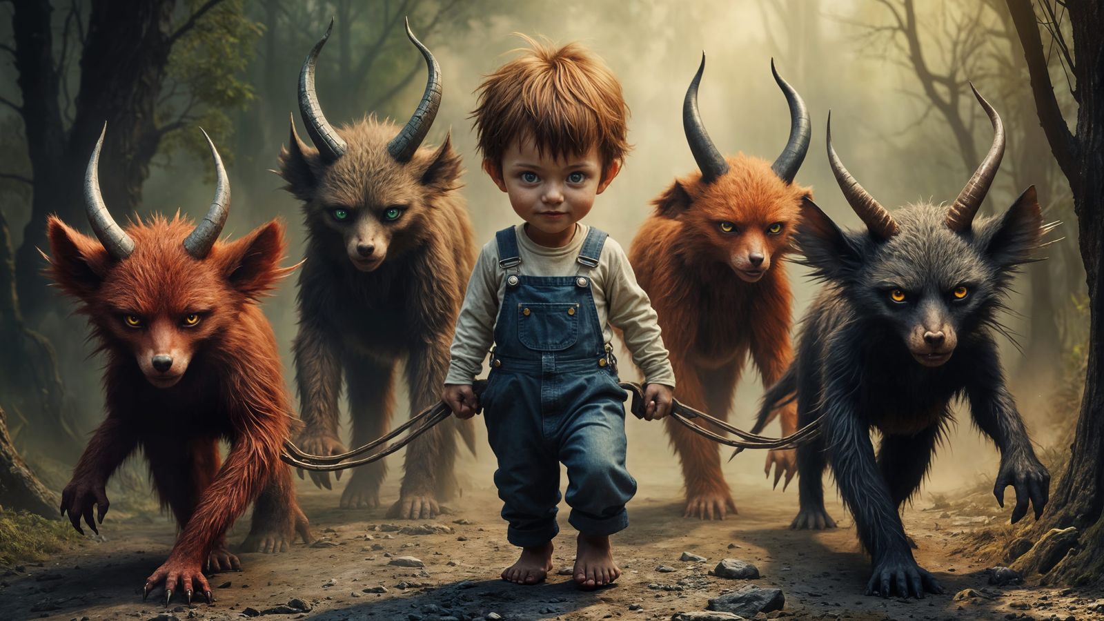 Innocent Boy Walking Demonic Pets in Dark Fantasy Style