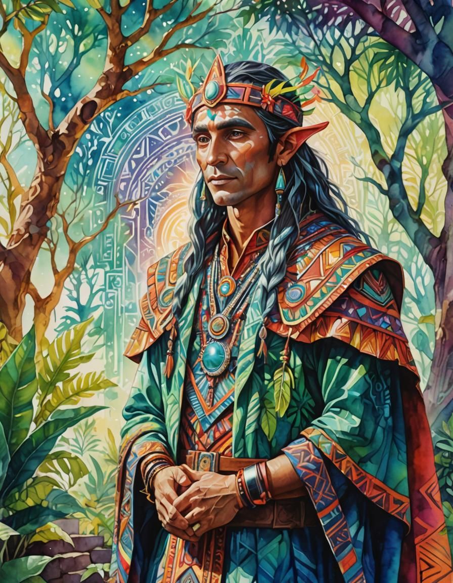 Elf Priest in Aztec Temple: Watercolor Art