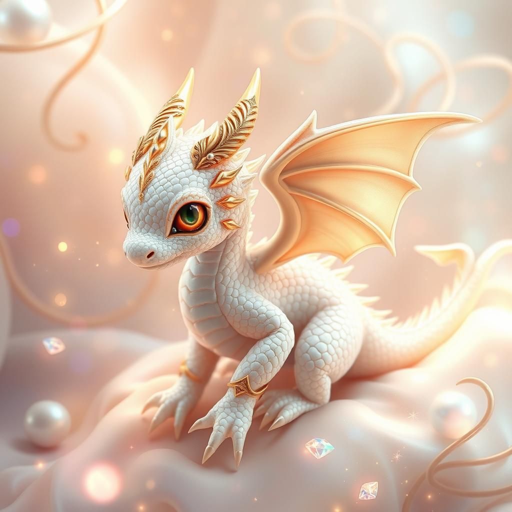 Iridescent Baby Dragon in Ethereal Pastel Landscape