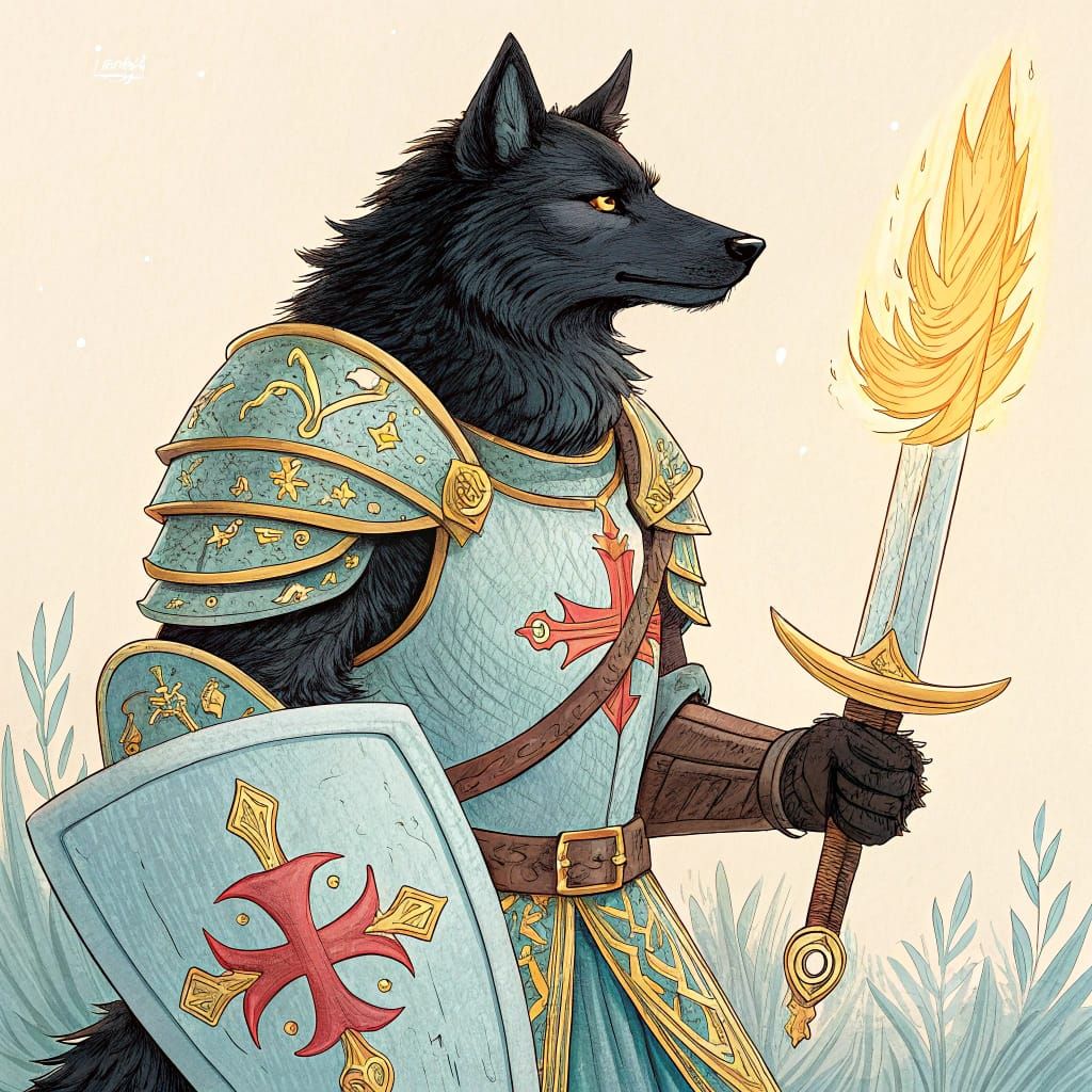 Armored Black Wolf with Flaming Sword, Fantasy Art