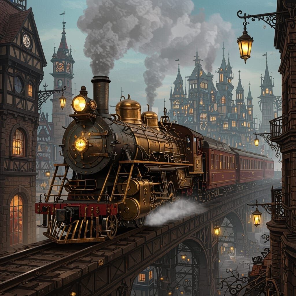 Steampunk Train Journey Through a Cityscape