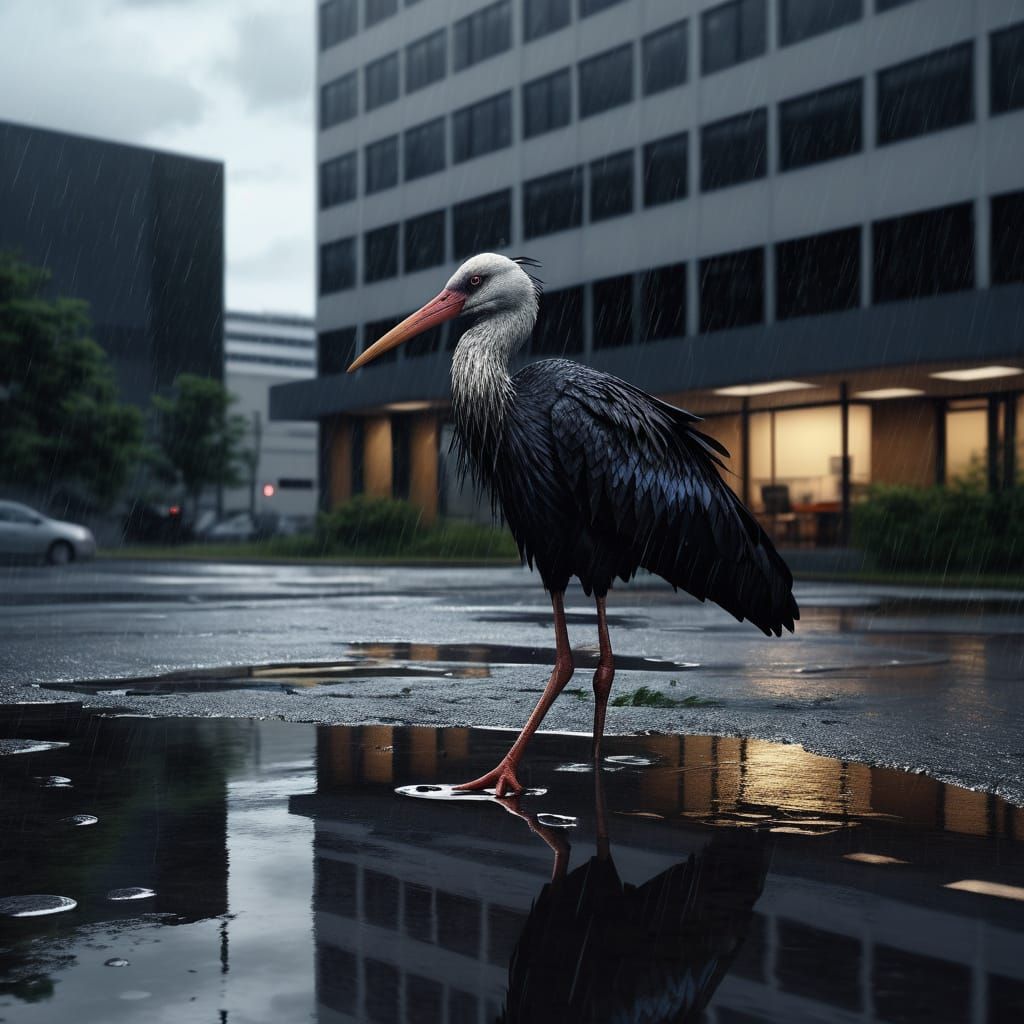 Dark Stork in Rain: Hyper-Realistic Digital Art
