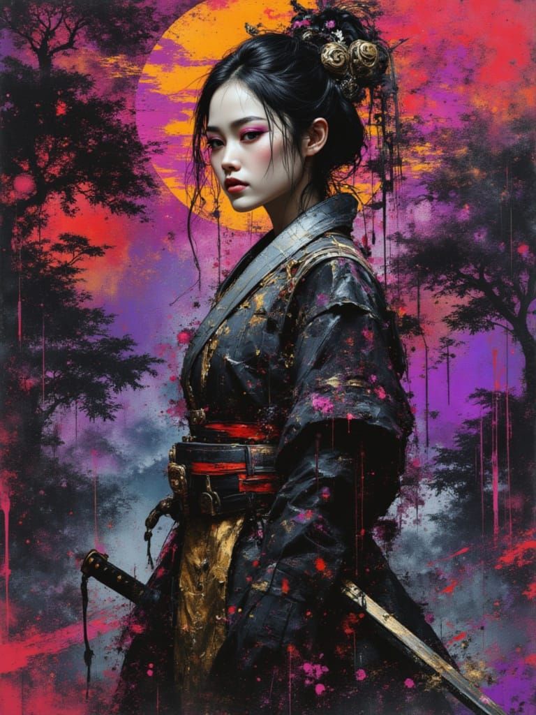 Cyberpunk Oni Samurai Geisha Warrior in Acidpunk Style
