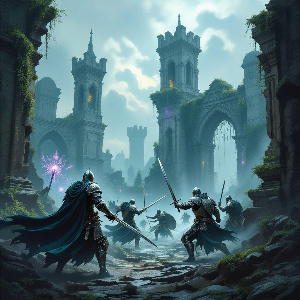 Epic Fantasy Battle in Ancient City Ruins